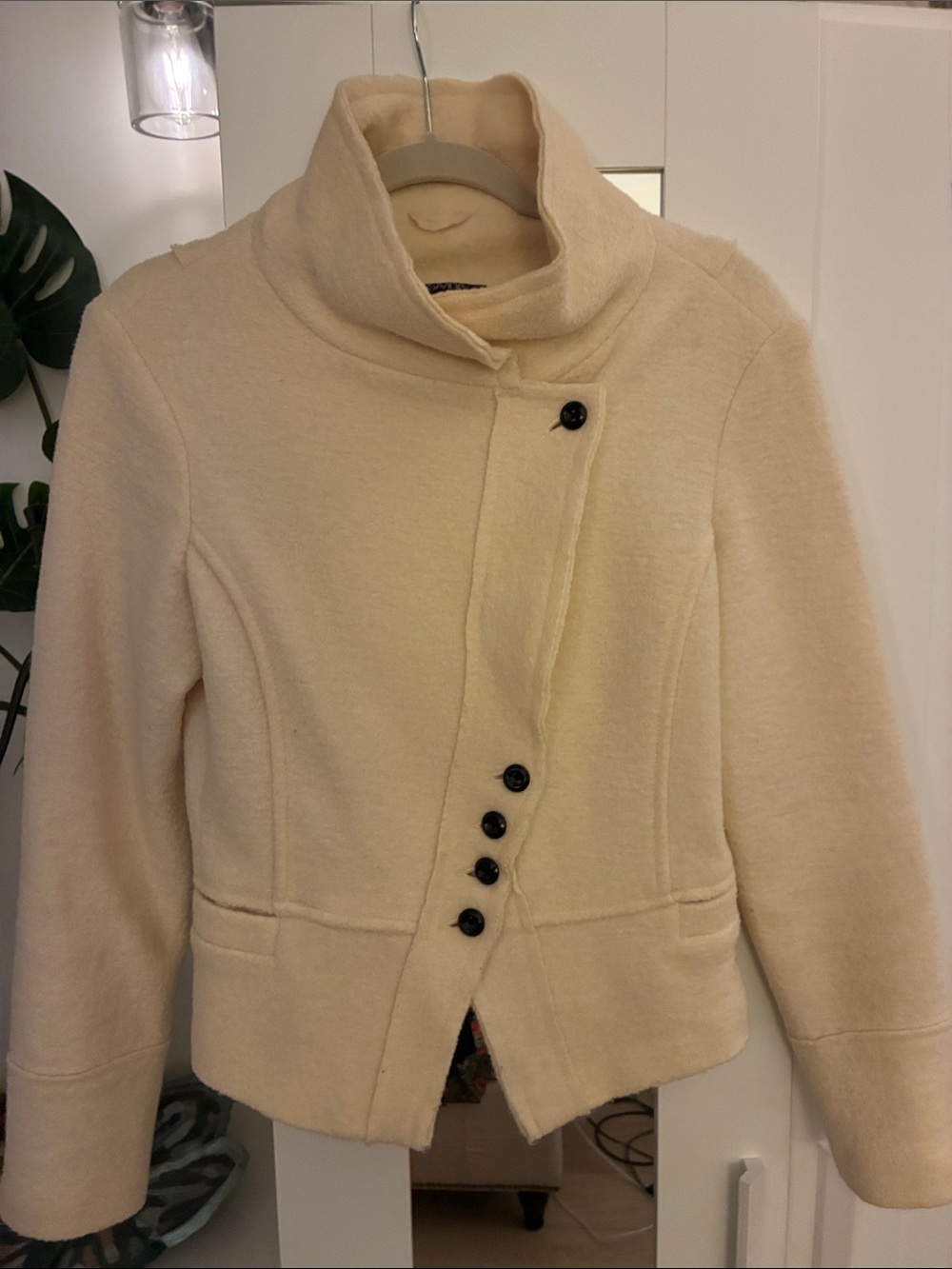 Women's Cream Asymmetrical Button Wool Blend Jacket